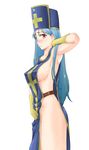  areolae blue_hair blush breasts dragon_quest dragon_quest_iii gloves hat kesuida large_breasts long_hair naked_tabard no_panties priest_(dq3) revealing_clothes sideboob simple_background solo tabard very_long_hair white_background 