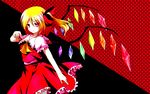  ascot black_background blonde_hair flandre_scarlet hair_ribbon hand_up looking_at_viewer no_hat no_headwear puffy_short_sleeves puffy_sleeves red_background red_eyes ribbon shippou_(pattern) short_sleeves side_ponytail simple_background skirt skirt_set smile solo takojiru touhou wings 