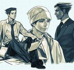  a_k_i adam's_apple arm_support beanie between_legs binder black_hair book dress_shirt facial_hair formal gyakuten_saiban gyakuten_saiban_4 hair_slicked_back hat hood hoodie jacket lapel_pin looking_to_the_side lowres male_focus monochrome naruhodou_ryuuichi necktie paper polka_dot polka_dot_background profile shirt sitting smile spot_color standing stubble suit t-shirt 