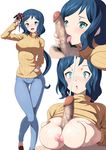  1girl blue_hair blush breasts censored cum ejaculation fellatio gn-x_iii green_eyes gundam gundam_build_fighters gunpla hand_on_hip hetero highres huge_breasts iori_rinko licking lips long_hair looking_at_viewer male_pubic_hair mature mosaic_censoring nipples open_mouth oral paizuri penis pubic_hair ribbed_sweater shin'ya_(shin'yanchi) simple_background solo_focus sweater testicles thigh_gap tongue tongue_out turtleneck white_background 