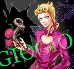  bad_id bad_pixiv_id blonde_hair blood broken_glass earrings flower giorno_giovanna glass green_eyes jewelry jojo_no_kimyou_na_bouken kodama_(vaindoll) long_sleeves lowres male_focus pink_flower pink_rose rose snake solo stud_earrings 