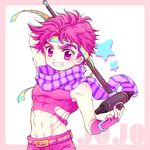  chibi fingerless_gloves gloves grin headband jojo_no_kimyou_na_bouken joseph_joestar_(young) male_focus midriff noir39 palette_swap pink_eyes pink_hair purple_eyes purple_hair scarf sledgehammer smile solo 