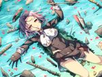  afloat black_gloves gloves kantai_collection long_sleeves looking_at_viewer mechanical_halo partially_submerged pleated_skirt purple_hair red_eyes sinking skirt solo tatsuta_(kantai_collection) torn_clothes water yoshikanakamura 