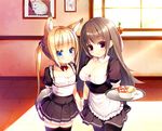  animal_ears apron blonde_hair blue_eyes blush brown_hair cleavage flat_chest food foxgirl maid nekomu original pantyhose purple_eyes thighhighs twintails 