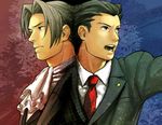  black_hair blue_eyes cravat formal ganpiro grey_eyes gyakuten_saiban hair_slicked_back lapel_pin looking_away male_focus mitsurugi_reiji multiple_boys naruhodou_ryuuichi necktie open_mouth silver_hair suit upper_body 