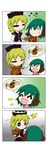  2girls 4koma ^_^ absurdres animal_ears blonde_hair bow_(instrument) chibi closed_eyes comic flying_sweatdrops green_hair hat highres instrument kasodani_kyouko lunasa_prismriver multiple_girls music musical_note o_o playing_instrument rakugaki-biyori shocked_eyes silent_comic smile surprised sweatdrop touhou violin 