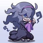  @_@ ahoge akatuti bags_under_eyes blue_eyes blue_hair chibi dress hairband hex_maniac_(pokemon) long_hair long_sleeves mary_janes open_mouth poke_ball pokemon pokemon_(game) pokemon_xy purple_hairband shoes smile solo 