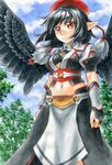  alternate_costume ballpoint_pen_(medium) belt bird_wings black_bra black_hair black_wings blue_sky bra cloud day gauntlets hat hat_ribbon kawachi_koorogi looking_at_viewer midriff navel open_clothes open_shirt pointy_ears puffy_sleeves red_eyes ribbon shameimaru_aya shirt short_sleeves skirt sky smile solo touhou traditional_media tree underwear watercolor_(medium) wings 