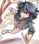  black_hair blue_eyes clenched_teeth kill_la_kill looking_at_viewer matoi_ryuuko multicolored_hair navel niina_ryou school_uniform scissor_blade senketsu short_hair skirt solo teeth two-tone_hair 