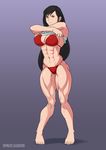  abs barefoot bikini black_hair breasts brown_eyes final_fantasy final_fantasy_vii gradient gradient_background highleg highleg_bikini highleg_swimsuit highres large_breasts long_hair muscle navel red_bikini shirt_lift solo swimsuit thick_thighs thighs tifa_lockhart toes zephleit 
