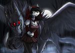  anthro canine cat duo feline female feral forest green_eyes hybrid little_red_riding_hood mammal moon multiple_eyes night red_eyes size_difference smile tree wings 