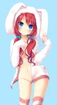  :&lt; amamine animal_ears animal_hood ass_visible_through_thighs bad_id bad_pixiv_id blue_background blue_eyes blush bottomless breasts bunny_ears bunny_hood bunny_tail groin hair_bobbles hair_ornament hood hoodie jacket kneehighs medium_breasts naked_hoodie navel no_bra open_clothes open_jacket original over-kneehighs red_hair solo striped striped_legwear tail thighhighs twintails 