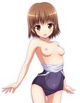  bangs blush breasts brown_eyes brown_hair collarbone cowboy_shot eyebrows_visible_through_hair ki_(kk-sk-ray) looking_at_viewer nipples one-piece_swimsuit open_mouth original school_swimsuit short_hair simple_background small_breasts smile solo swimsuit topless white_background 
