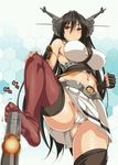  bare_shoulders black_hair blush breasts elbow_gloves feet fingerless_gloves from_below gloves hair_ornament headgear highres implied_footjob jpeg_artifacts kantai_collection kure_masahiro large_breasts legs long_hair looking_at_viewer midriff miniskirt nagato_(kantai_collection) navel panties red_eyes red_legwear sexually_suggestive skirt solo thighhighs underwear upskirt white_panties 