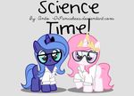  blue_fur blue_hair bottomless crown drpancakees duo english_text equine eyewear female feral friendship_is_magic fur glasses goggles grey_background hair hi_res horn horse lab_coat long_hair looking_at_viewer mammal my_little_pony pink_hair plain_background pony princess_celestia_(mlp) princess_luna_(mlp) sibling sisters smile text unicorn white_fur young 