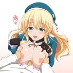  1girl :d atago_(kantai_collection) bad_id bad_pixiv_id beret black_gloves blonde_hair blush breast_grab breasts breasts_outside cum cum_on_body cum_on_breasts cum_on_upper_body gloves grabbing green_eyes hat heart heart-shaped_pupils hetero huge_breasts kantai_collection long_hair nipples open_clothes open_mouth open_shirt paizuri penis shira-nyoro shirt smile solo_focus symbol-shaped_pupils translated 