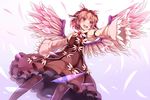  animal_ears bird_wings black_legwear brown_dress dress feathers hat juliet_sleeves koxo-01 long_sleeves mystia_lorelei open_mouth outstretched_arms pantyhose pink_eyes pink_hair puffy_sleeves smile solo touhou wide_sleeves wings 