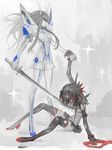  bad_id bad_pixiv_id bakuzan black_hair blood junketsu kill_la_kill kiryuuin_satsuki ladic matoi_ryuuko multicolored_hair multiple_girls school_uniform scissor_blade senketsu serafuku short_hair suspenders sword thighhighs torn_clothes two-tone_hair weapon 