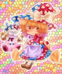  apron bad_id bad_pixiv_id blonde_hair blue_eyes blush bow bowtie cosplay crossover hat hat_ribbon heart jester_cap kirby kirby_(series) kirisame_marisa marx mosaic_background multicolored multicolored_background nigemizu no_arms red_bow red_neckwear ribbon smile surprised touhou wings witch_hat yellow_eyes yellow_wings 
