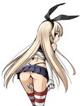  ass bad_id bad_pixiv_id black_panties blonde_hair blush elbow_gloves french_maid gloves hairband highres kantai_collection long_hair looking_at_viewer looking_back panties shimakaze_(kantai_collection) simple_background skirt solo striped striped_legwear thighhighs thong underwear white_background white_gloves 