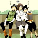  2boys :3 bench black_hair blush_stickers closed_eyes double_bun fingerless_gloves forehead_protector gloves head_on_shoulder hyuuga_neji iyutani leg_warmers lowres multiple_boys naruto naruto_(series) open_mouth rock_lee saliva scroll sitting sleeping sweatdrop tenten vest 