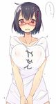  bad_id bad_pixiv_id black_hair blush breasts covered_nipples glasses haguro_(kantai_collection) hair_ornament kantai_collection large_breasts looking_at_viewer naked_shirt nekoume red_eyes shirt short_hair simple_background solo t-shirt translated white_background 
