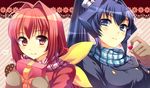  2girls blue_eyes blue_hair bow heart kagami_sumika mitsurugi_meiya mochiko_(mochiko3121) multiple_girls muvluv pink_eyes pink_hair ponytail scarf smile 