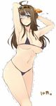  ahoge armpits arms_behind_head arms_up bad_id bad_pixiv_id bikini blush breasts brown_hair cleavage covered_nipples hairband kantai_collection kongou_(kantai_collection) large_breasts long_hair looking_at_viewer micro_bikini navel nekoume one_eye_closed shiny shiny_skin simple_background sketch skindentation smile solo strap_gap string_bikini swimsuit trembling turn_pale wavy_mouth white_background 