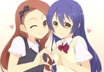  bad_id bad_pixiv_id brown_eyes brown_hair crossover grin hair_ribbon heart heart_hands heart_hands_duo idolmaster idolmaster_(classic) long_hair looking_at_viewer love_live! love_live!_school_idol_project minase_iori multiple_girls one_eye_closed otonokizaka_school_uniform purple_hair ribbon sasakura school_uniform smile sonoda_umi sweater_vest yellow_eyes 