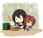  akagi_(kantai_collection) big_head bowl brown_hair chibi dress hair_ornament hairclip highres japanese_clothes kantai_collection long_hair multiple_girls muneate ohitsu rice rice_bowl rice_spoon sailor_dress smile solid_circle_eyes translated yankee41 yukikaze_(kantai_collection) 