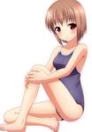  bad_id bad_pixiv_id barefoot blush breasts brown_eyes brown_hair competition_school_swimsuit eyebrows_visible_through_hair feet full_body highres ki_(kk-sk-ray) looking_at_viewer medium_breasts one-piece_swimsuit original school_swimsuit short_hair simple_background sitting smile solo swimsuit white_background 