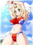 arms_up bikini blonde_hair blue_eyes blush breasts cameltoe covered_nipples girls_und_panzer headband kay_(girls_und_panzer) large_breasts long_hair looking_at_viewer navel smile solo star sweat sweatband swimsuit tanuki_yousuke wristband 