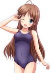  ;d blue_eyes blush breasts brown_hair covered_navel eyebrows_visible_through_hair highres ki_(kk-sk-ray) long_hair looking_at_viewer one-piece_swimsuit one_eye_closed open_mouth original school_swimsuit simple_background small_breasts smile solo swimsuit very_long_hair white_background 