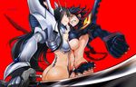  71 abs angry ass black_hair black_legwear breast_contest breast_press breasts clenched_hand clenched_teeth copyright_name elbow_gloves eye_contact face-to-face gloves holding junketsu katana kill_la_kill kiryuuin_satsuki large_breasts living_clothes long_hair looking_at_another matoi_ryuuko midriff multicolored_hair multiple_girls outstretched_arm red_background red_hair revealing_clothes scissor_blade senketsu short_hair simple_background skirt sweat sword symmetrical_docking teeth toned two-tone_hair underboob very_long_hair weapon 