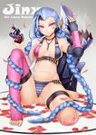  ammunition ammunition_belt bad_id bad_pixiv_id blue_hair blush braid cameltoe elbow_gloves explosive fingerless_gloves full_body gloves grenade highres jewelry jinx_(league_of_legends) league_of_legends long_hair looking_at_viewer nail_polish naughty_face oni-noboru panties petals pink_eyes sitting solo striped striped_panties thigh_strap twin_braids underwear very_long_hair weapon 