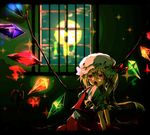  3d ascot blonde_hair cloud daasaki fang flandre_scarlet full_moon hat hat_ribbon iron_bars laevatein letterboxed looking_at_viewer looking_back mob_cap moon moonlight night open_mouth red_eyes ribbon short_hair short_sleeves side_ponytail skirt skirt_set solo sparkle touhou window wings 