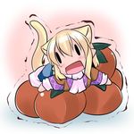  animal_ears blonde_hair chibi food fruit hoshizuki_(seigetsu) kemonomimi_mode lying minigirl mizuhashi_parsee on_stomach open_mouth persimmon puru-see solo tail touhou trembling |_| 