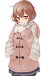  bad_id bad_pixiv_id black_legwear blush brown_eyes brown_hair coat hair_ornament hairclip ikazuchi_(kantai_collection) kantai_collection long_sleeves looking_at_viewer mittens nekoume pantyhose scarf short_hair simple_background sketch skirt solo white_background 