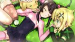  akatsuki_kirika baseball black_hair blonde_hair blush closed_eyes dog flat_chest grass green_eyes long_hair maria_cadenzavna_eve multiple_girls niina_ryou petite senki_zesshou_symphogear short_hair single_thighhigh sleeping smile thighhighs tsukuyomi_shirabe yuri 