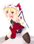  absurdres bad_id bad_pixiv_id black_legwear blonde_hair blush bow fang flandre_scarlet hat hat_bow highres looking_at_viewer mob_cap namekuji_(namekuzu) partially_undressed puffy_sleeves red_eyes sash shirt short_sleeves shorts side_ponytail sitting solo thighhighs touhou unzipped white_background wings 