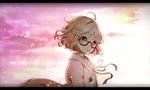  ahoge bad_id bad_pixiv_id blush bob_cut brown_hair cardigan glasses hobak kuriyama_mirai kyoukai_no_kanata letterboxed red-framed_eyewear school_uniform short_hair sky solo yellow_eyes 