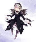  bad_id bad_pixiv_id black_dress black_feathers black_flower black_ribbon black_rose black_wings blouse boots cloud cross dress flower hairband heiya juliet_sleeves lace-trimmed_collar long_hair long_sleeves puffy_sleeves red_eyes ribbon rose rozen_maiden sidelocks solo suigintou white_hair wings 