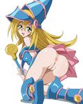 1girl anus ass bare_shoulders blonde_hair boots dark_magician_girl green_eyes hat kneeling long_hair looking_at_viewer naughty_face no_panties open_mouth pussy rayphenos sideboob smile staff sweat uncensored upskirt yu-gi-oh! 
