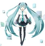  aqua_eyes aqua_hair boots detached_sleeves hatsune_miku hatsune_miku_(vocaloid3) headset highres long_hair necktie open_mouth piisu skirt solo thigh_boots thighhighs twintails very_long_hair vocaloid 