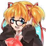  bespectacled blonde_hair blue_eyes bow cardigan glasses juri_(nattoutomato) kamikita_komari little_busters! pink_bow school_uniform short_hair solo twintails 