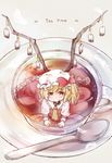  ascot blonde_hair bow cup doughnut eating english flandre_scarlet food frills hat hat_bow ivy1993 looking_at_viewer looking_up minigirl plate red_eyes side_ponytail spoon tea teabag teacup touhou wings 