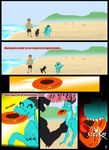  beach canine comic dog dragon english_text female feral frisbee human leiks male mammal rastaban seaside text 
