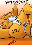  2019 anus biobrony breasts clitoris digimon english_text female gradient_background green_eyes holidays looking_at_viewer lying new_year nipples on_back pussy renamon simple_background solo text 