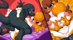  ahegao balls bedroom big_breasts blush breasts brown_hair cum dinosaur euyoshi89 feet female first_person_view grin hair internal looking_at_viewer looking_pleasured lying male male/female mario_bros missionary_position muscular mute nintendo nipples on_back orgasm pillow raptor reptile scalie sex slightly_chubby smile sweat theropod video_games yoshi 