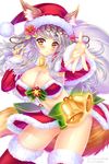  animal_ears areola_slip areolae au7 bangs bell blunt_bangs blush bow breasts christmas cleavage flower foreshortening frown hair_flower hair_ornament large_breasts nail_polish original reaching_out sack santa_costume seiken_orochi_chronicle solo tail thighhighs white_hair yellow_eyes 
